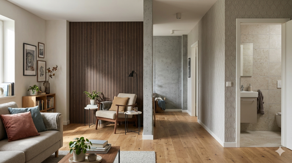 Obraz przedstawia jasne, nowoczesne wnętrze mieszkalne o otwartym planie, które służy jako realistyczna prezentacja różnych technik wykończenia ścian