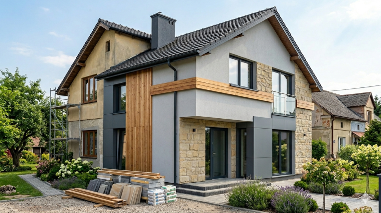 Obraz to realistyczna fotografia przedstawiająca dom jednorodzinny w trakcie modernizacji lub rozbudowy