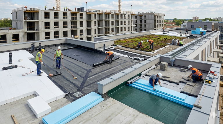 Obraz przedstawia realistyczną scenę z placu budowy nowoczesnego budynku z płaskim dachem