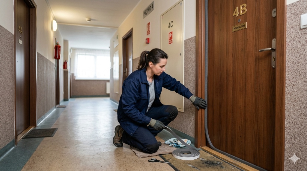 Obraz przedstawia realistyczną scenę na korytarzu typowego bloku mieszkalnego