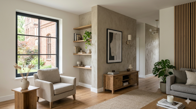 Obraz przedstawia jasny, przestronny salon utrzymany w stylu nowoczesnego minimalizmu z elementami skandynawskimi