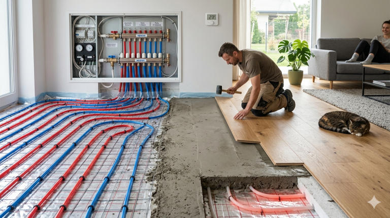 Grafika została przygotowana w przekroju, co pozwala zobaczyć jednocześnie warstwy techniczne oraz gotowe wykończenie domu