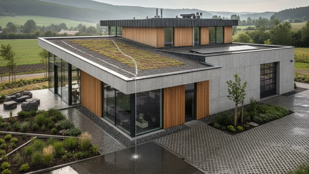 Na obrazie widoczny jest nowoczesny, dwukondygnacyjny budynek o minimalistycznej architekturze, usytuowany w otoczeniu zieleni