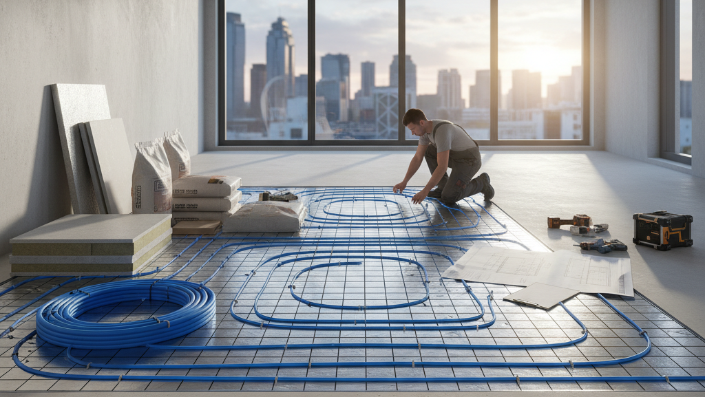 Na pierwszym planie, u dołu obrazu, leżą cztery próbki podłóg: dwie drewniane i dwie kamienne lub betonowe, sugerujące różne opcje wykończenia